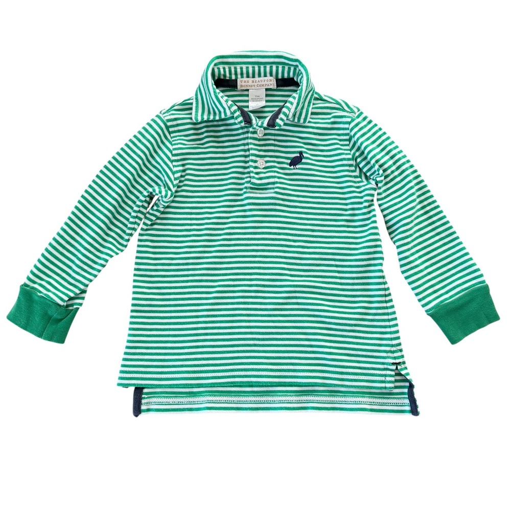 The Beaufort Bonnet Company Boys Green White Striped Pima Cotton Polo Shirt 3T